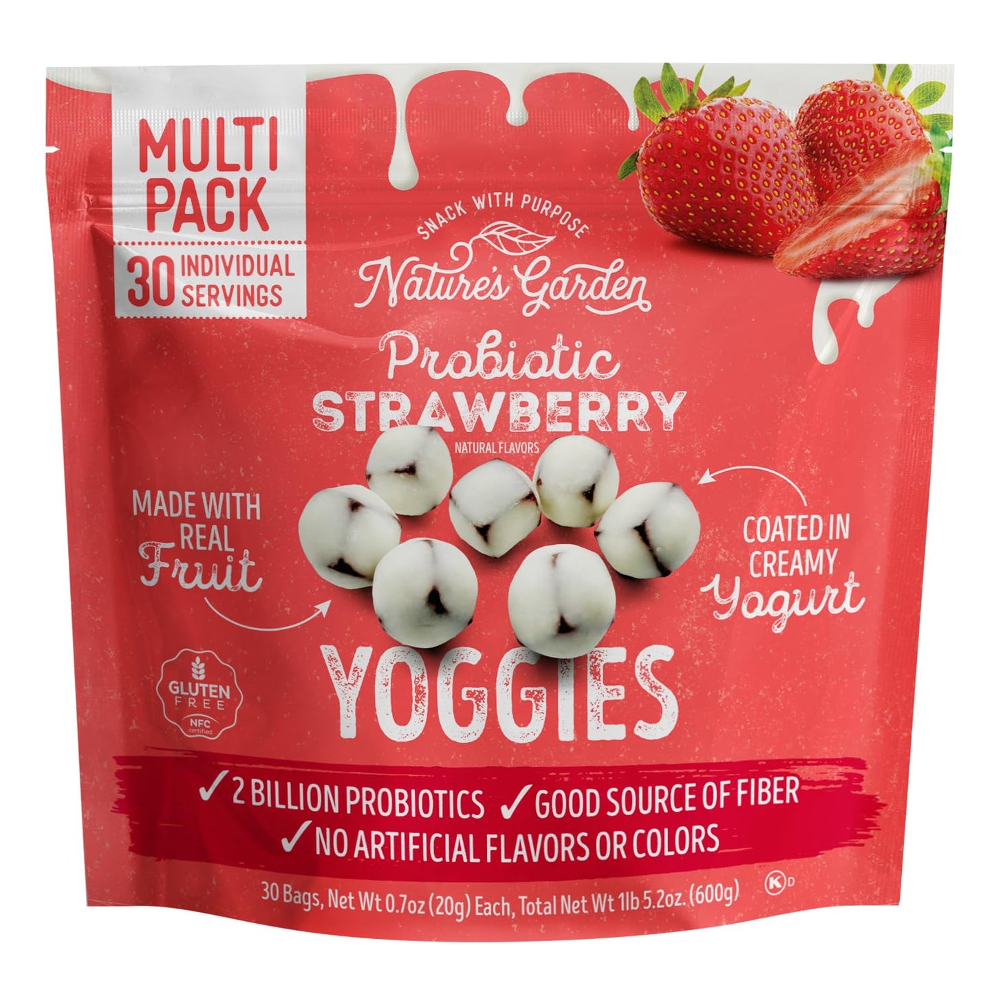 Nature'S Garden Probiotic Strawberry Yoggies, 21Oz (30 X 0.7Oz), Yoggie Bites Strawberry Strawberry Yogurt Covered Snack Pack, H