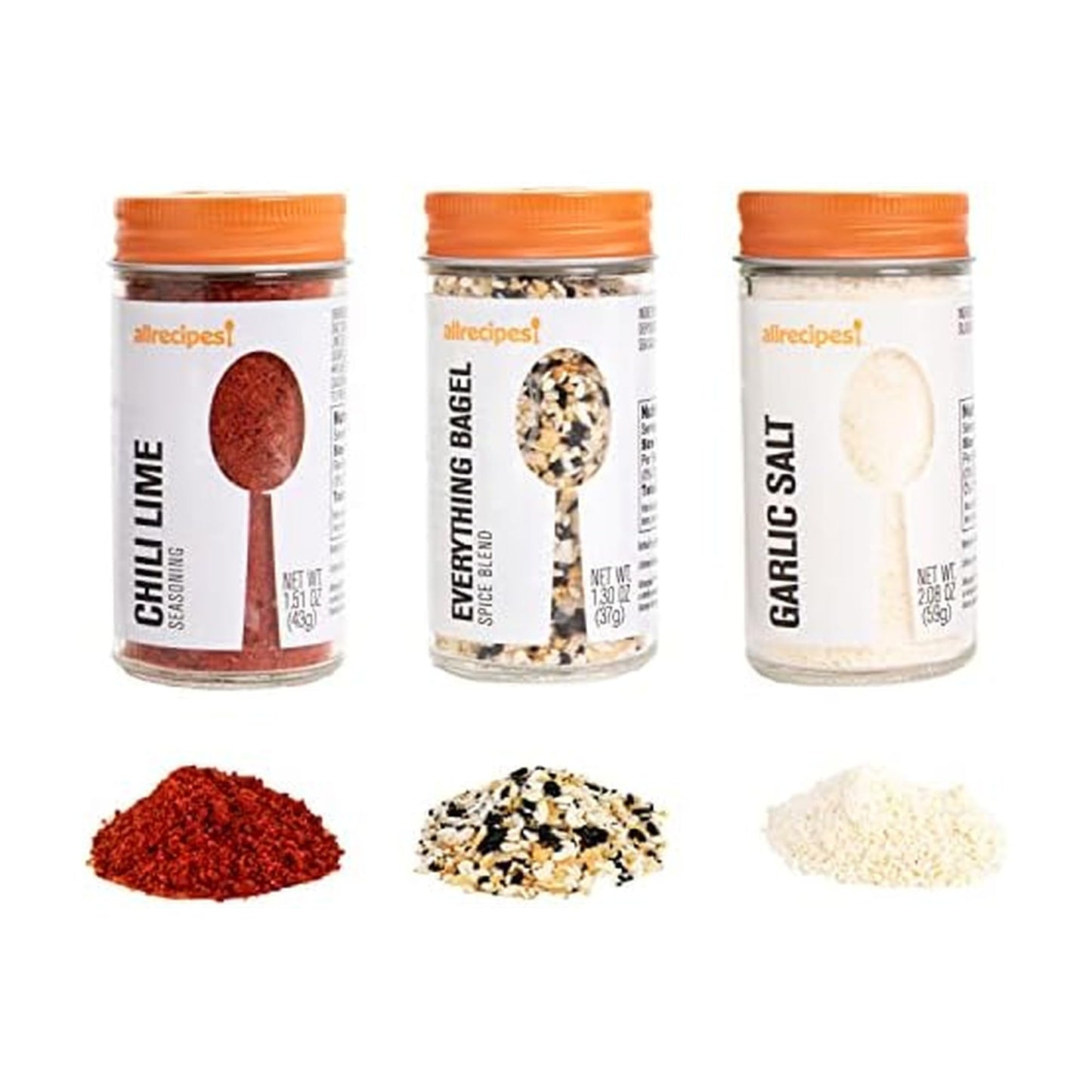 Allrecipes Savory Seasonings (Chili Lime, Everything Bagel, Garlic Salt) in Glass Jars with Removable Sifter Caps for Sprinkling