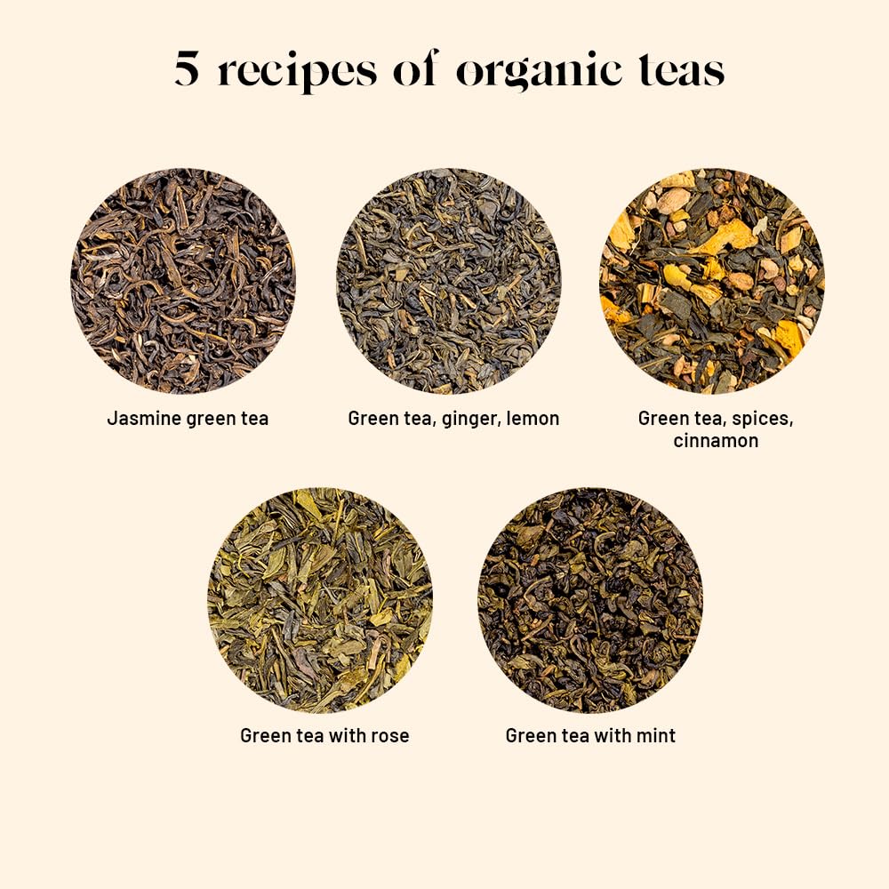 Kusmi Tea - Organic Green Tea Variety Box - Gift Idea for Men and Women - Spearmint Green Tea, Jasmine Tea - A Selection of 5 Ic