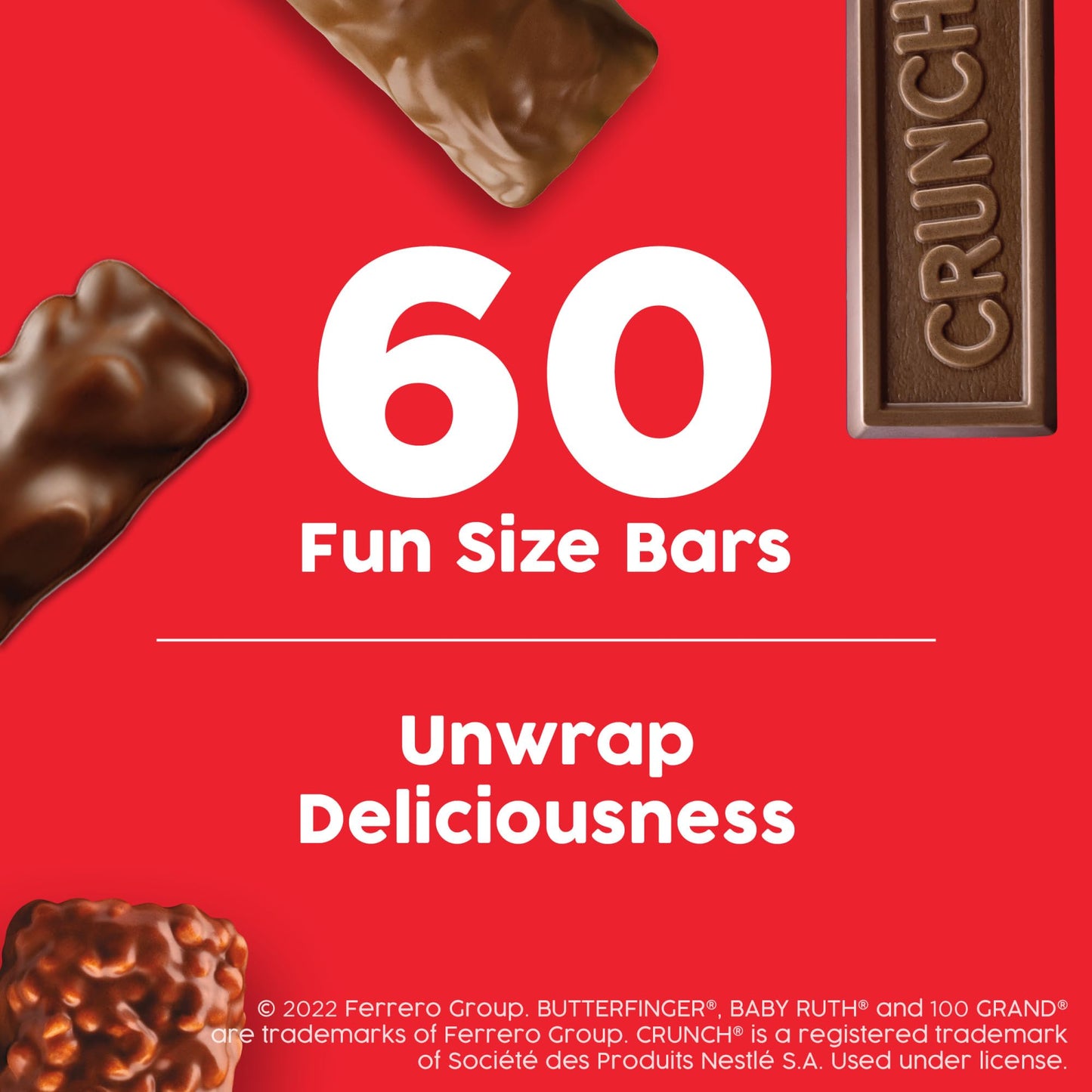 Butterfinger, Crunch, Baby Ruth And 100 Grand, Bulk 60 Pack, Assorted Fun Size Chocolate Candy Bars, Stocking Stuffers, 37.2 Oz