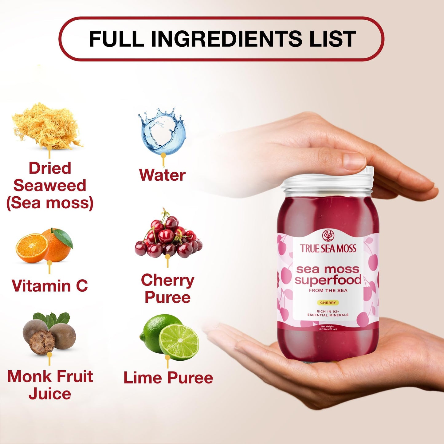 Trueseamoss Sea Moss Gel - Made In Usa - Wildcrafted Seamoss, Fresh Fruits & Sea Vegetables - Cherry, Pack Of 2 (Labels May Vary