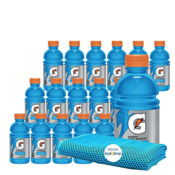 Gatorade Cool Blue Thirst Quencher Electrolyte Enhanced Sports Drink 12 fl oz Plastic Bottle 18 Pack + 1 Microfiber Cooling Towe