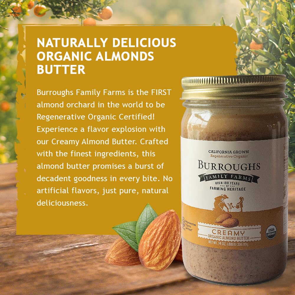 Burroughs Family Farms Regenerative Organic Creamy Almond Butter (14 Oz Pack Of 1, Creamy)
