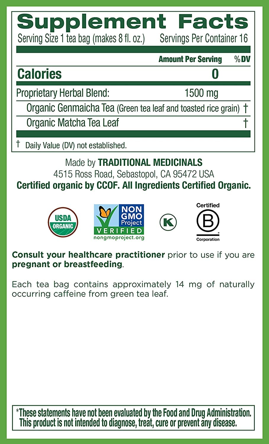 Traditional Medicinals Green Tea Matcha, 96 Tea Bags Total, 0.85 Ounce (Pack of 6)