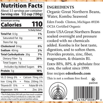 Eden Organic Great Northern Beans, 15 Oz Can, No Salt, Non-Gmo, Gluten Free, Vegan, Kosher, U.S. Grown, Heat And Serve, Macrobio