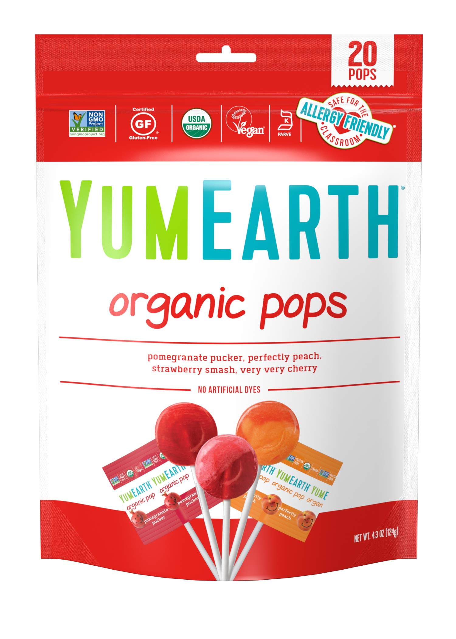 Yumearth Organic Lollipops, Assorted Flavors, 4.3 Ounce, 20 Lollipops - Allergy Friendly, Non Gmo, Gluten Free, Vegan, (Packagin