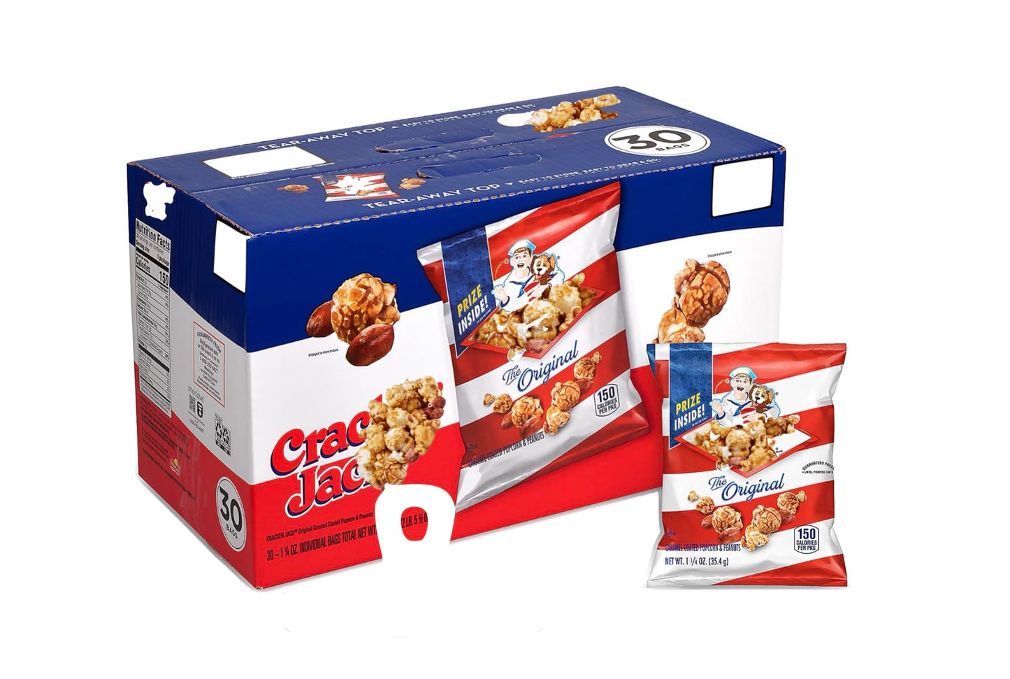 Cracker Jacks Caramel Popcorn and Peanuts Snack Pack, Popped Popcorn, 1.25 oz Bags, 30 Count