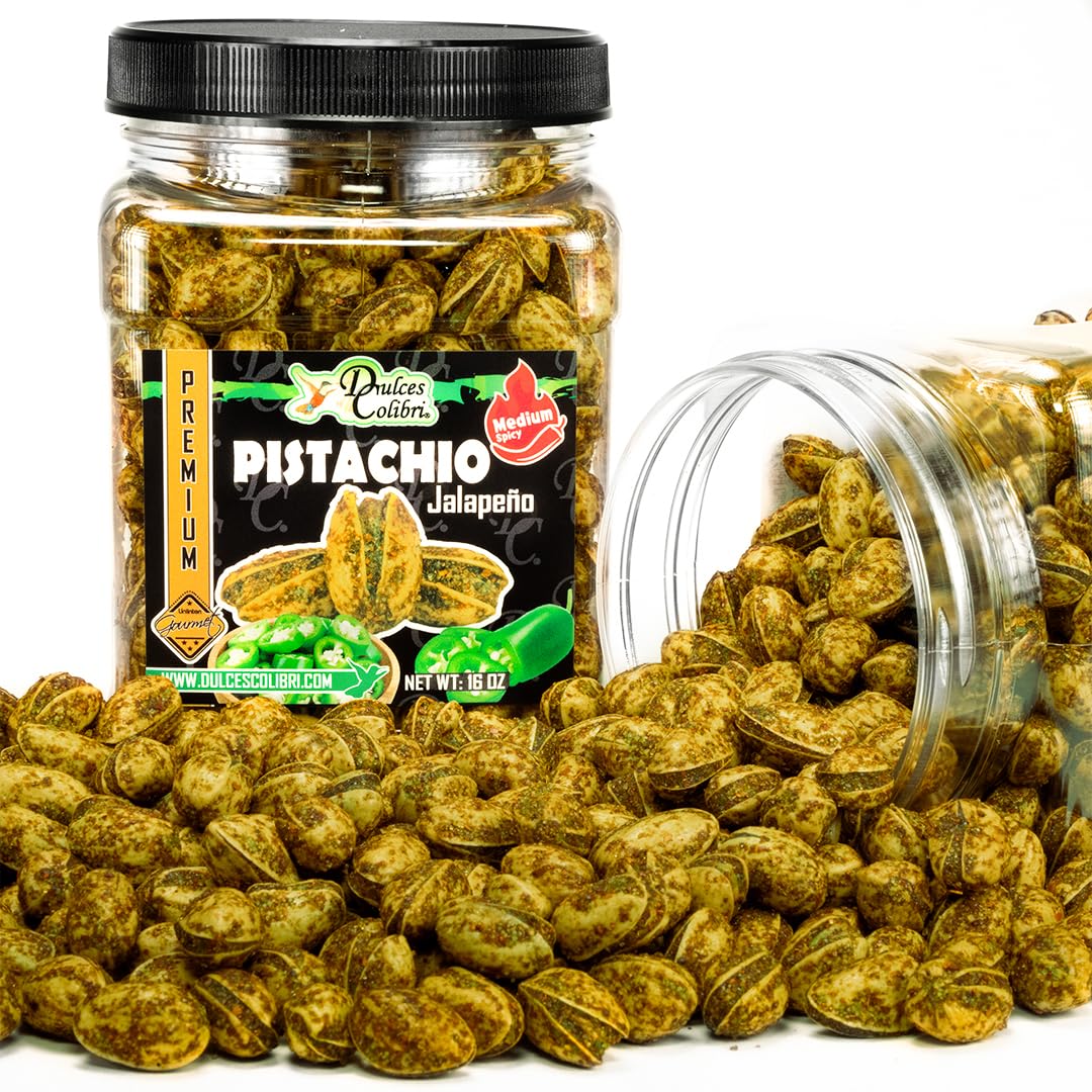 In-Shell Flavored California Pistachios | JALAPENO | 16oz Family-Size Jar | Bold Mexican Flavors | Artisan made, Fresh & Delicio