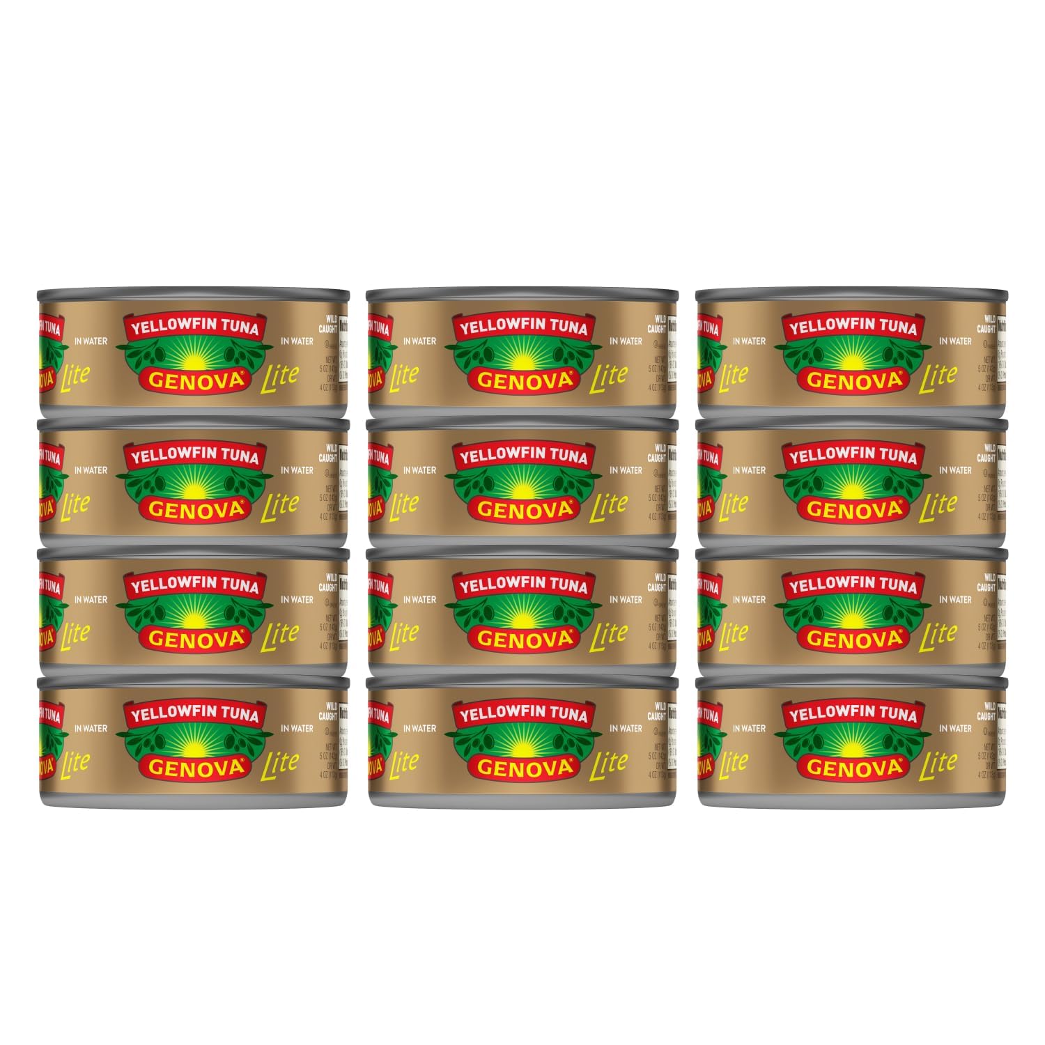 Genova Premium Lite Yellowfin Tuna In Water, Wild Caught, Solid Light, 5 Oz. Can (Pack Of 12)