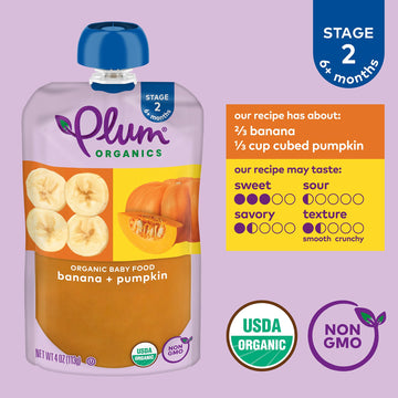 Plum Organics Stage 2 Organic Baby Food - Banana And Pumpkin - 4 Oz Pouch (Pack Of 6) - Organic Fruit And Vegetable Baby Food Pouch