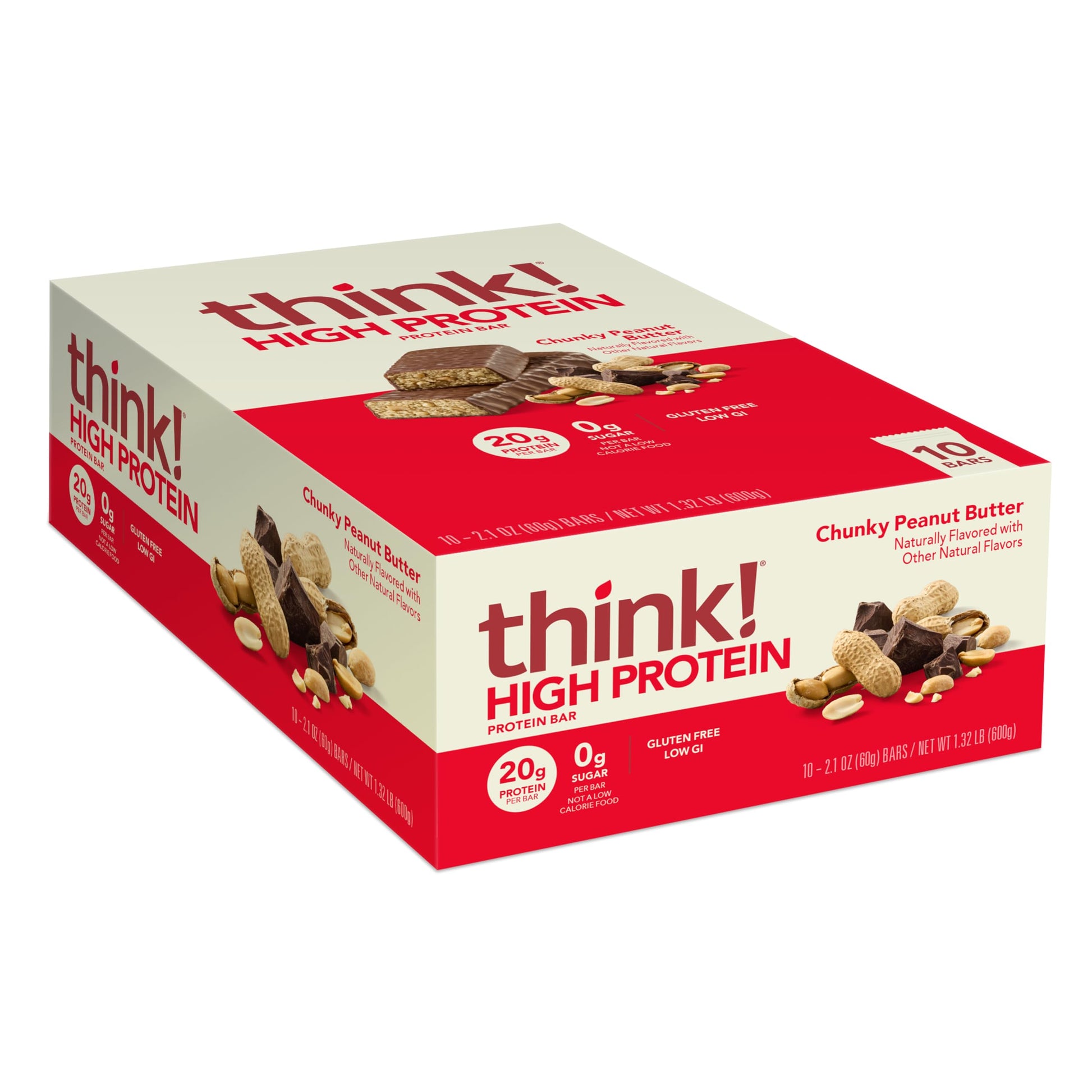 think! Protein Bars, High Protein Snacks, Gluten Free, Kosher Friendly, Chunky Peanut Butter, Nutrition Bars, 2.1 Oz per Bar, 10