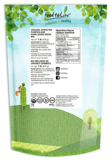 Food to Live Organic Sprouted Seeds Mix, 1 Pound - Raw & Non-GMO Snack Mix Contains Sprouted Pumpkin and Sunflower Seeds, Vegan