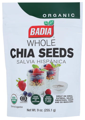 Badia Organic Chia Seeds, 9 oz - Rich in Fiber, Protein, and Omega-3 - Perfect for Smoothies, Baking, Yogurt & Healthy Recipes