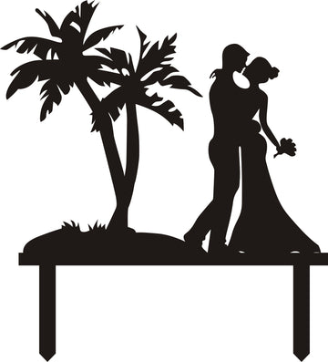 Wedding Cake Topper Beach Honeymoon Wedding Bride Groom With Palm Tree (Beach Theme Black)