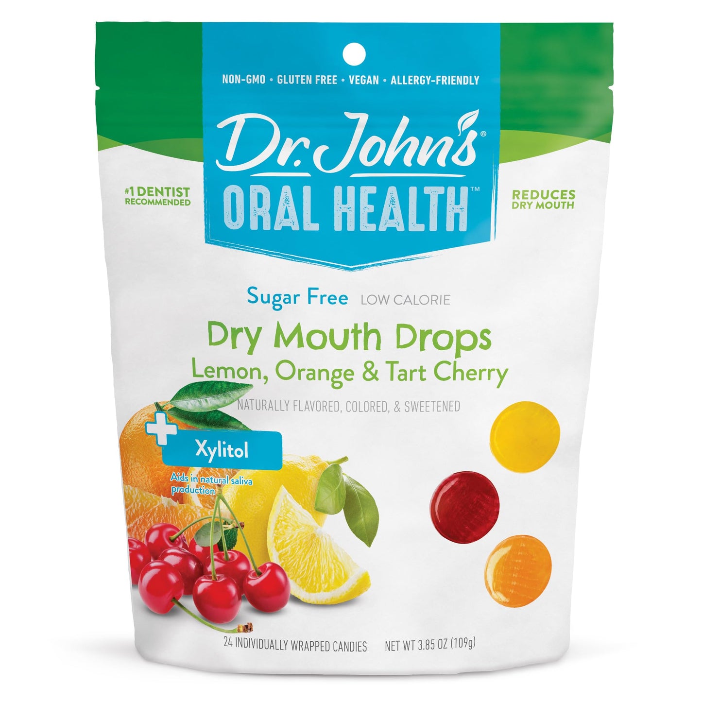 Dr. JohnS Healthy Sweets Dry Mouth Drops Lemon Orange & Tart Cherry With Zero Sugar Dye Free Plant Based Keto Friendly 24 Count 3.85Oz Bag