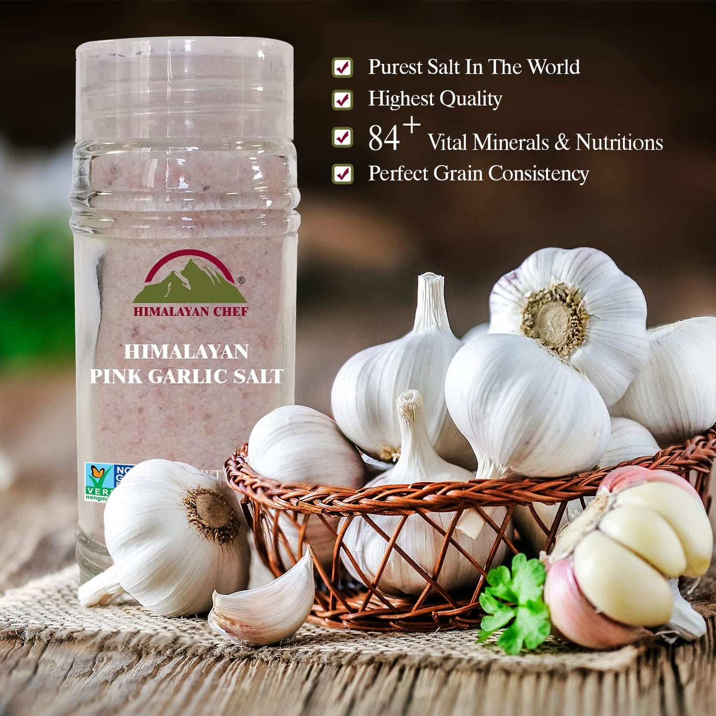 Himalayan Chef Himalayan Pink Garlic Salt, 3.6 Oz Grinder, Natural Seasoning, Clear