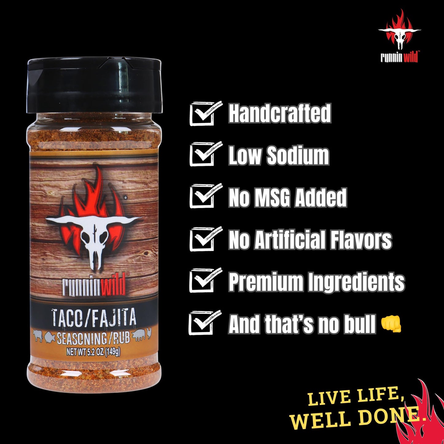 Runnin Wild Gourmet Taco Seasoning Mix, Low Sodium, 5.2 oz, Perfect for Tacos, Fajitas, Nachos, Chili, Enchiladas and More!