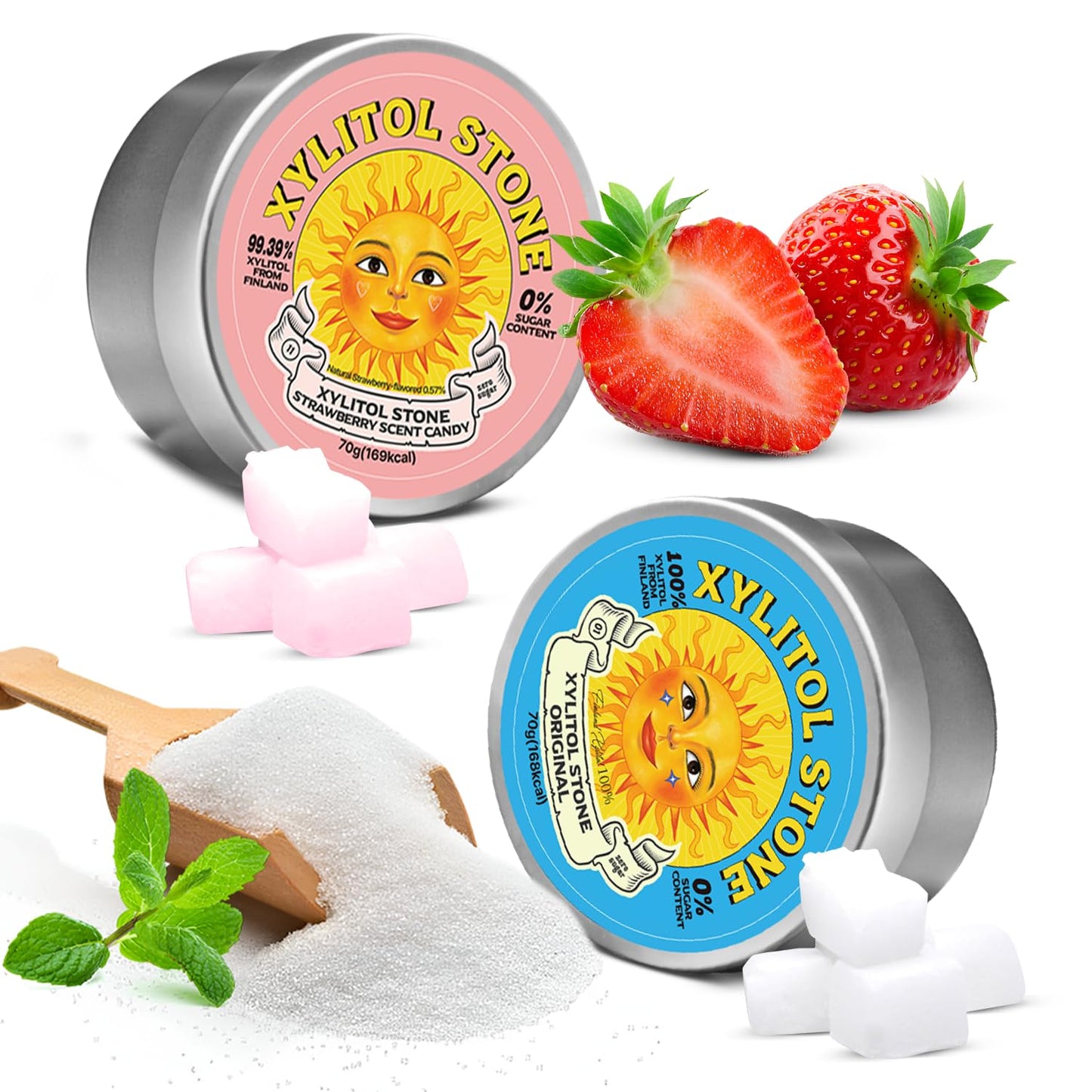 Xylitol Stone Sugar Free Candy - Vegan & Keto Friendly Unique Hard Candy - 100% Natural Flavor Candies - Gluten Free & Non-Gmo Breath Freshener Low Calorie Mints - Pack Of 2 (Oriflavor Blendal Strawberry)