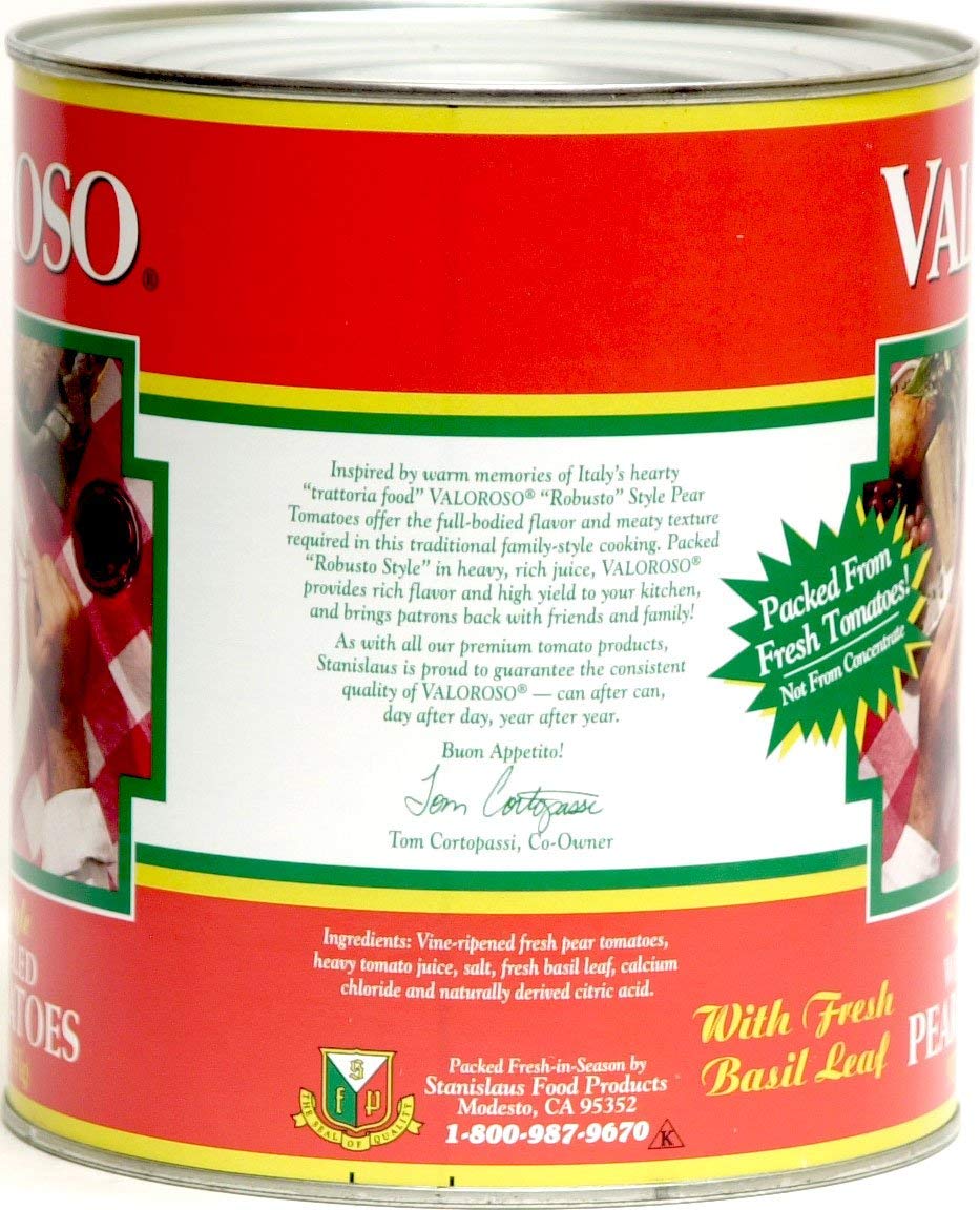 Stanislaus Valoroso Robusto Style Whole Peeled Pear Tomatoes With Basil Leaf, 6-Pound 8-Ounce No. 10 Can