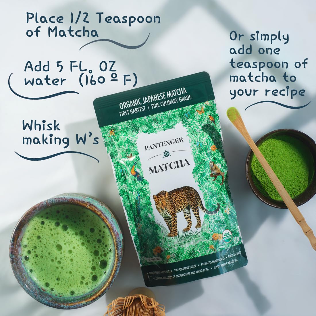 Pantenger Organic Matcha Green Tea Powder - Latte & Smoothie Grade, 3.5 OZ, Japanese First Harvest, Stone Milled, 80 Servings