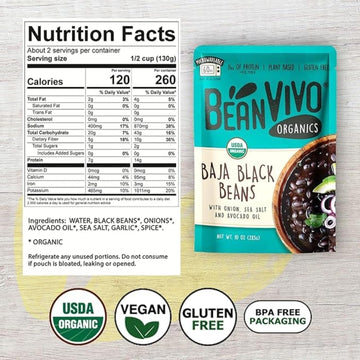 BeanVIVO (Pack of 12) Organics Plant based Protein Baja Black Beans - Good Source of Fiber - Nutritious & Microwave Meals - Glut