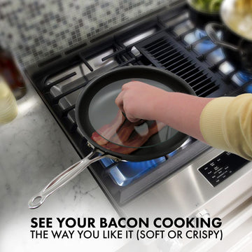 Northwest Enterprises Bacon Press, Round Tempered Glass Bacon Press And Splatter Shield, Perfectly Cooked Flat Bacon Every Time!