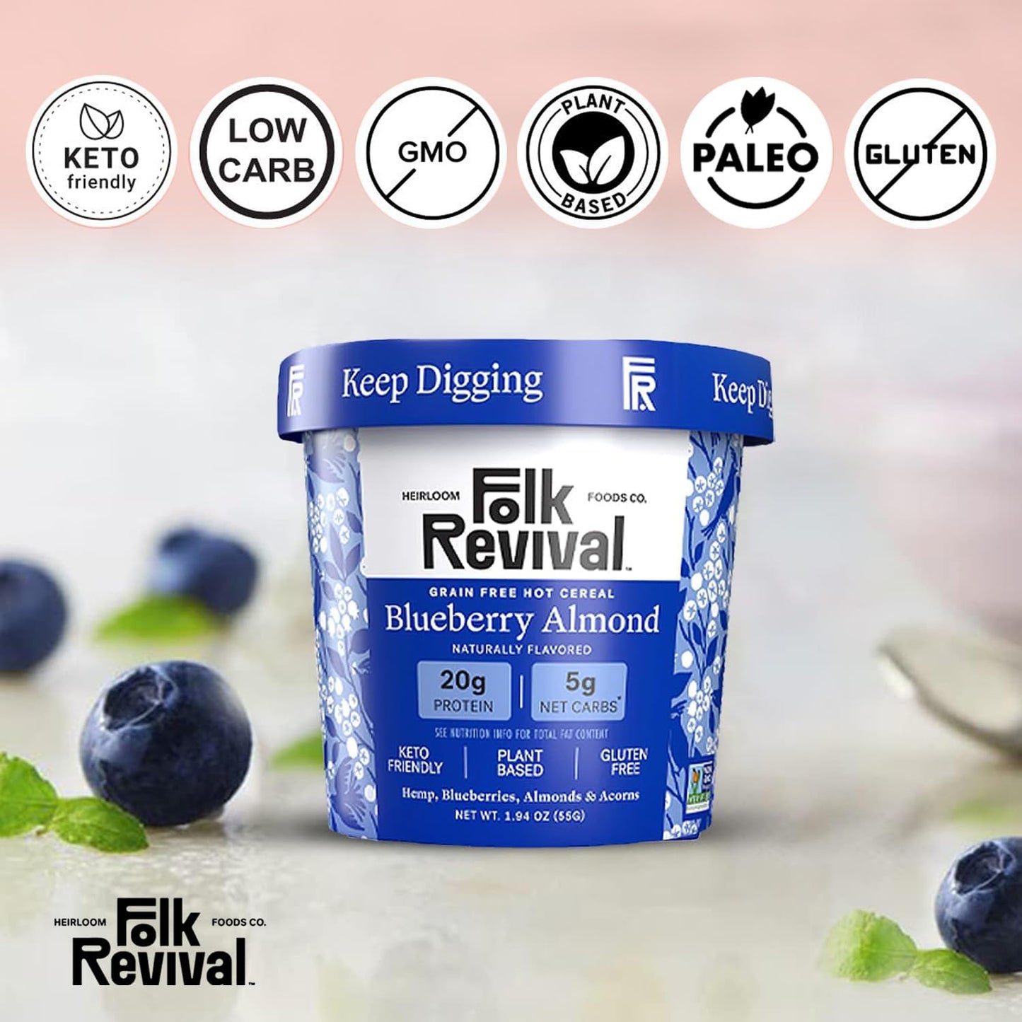 Folk Revival Blueberry Almond Keto Instant Oatmeal - 20G Protein, 5G Net Carbs, High Fiber, Non Gmo, Gluten Free, Made With Acor