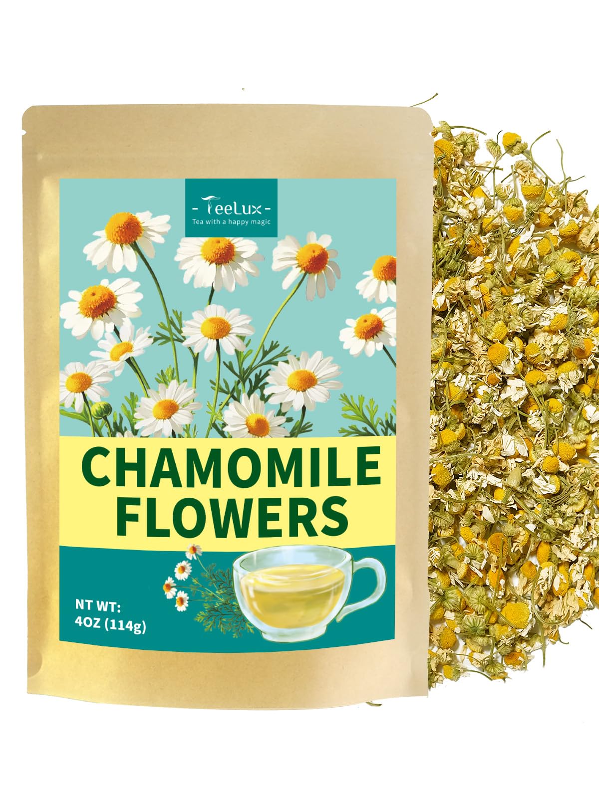 Teelux Chamomile Tea Loose Leaf Whole Natural Chamomile Flowers Floral Aroma & Smooth Taste Energy Blend Free 4Oz