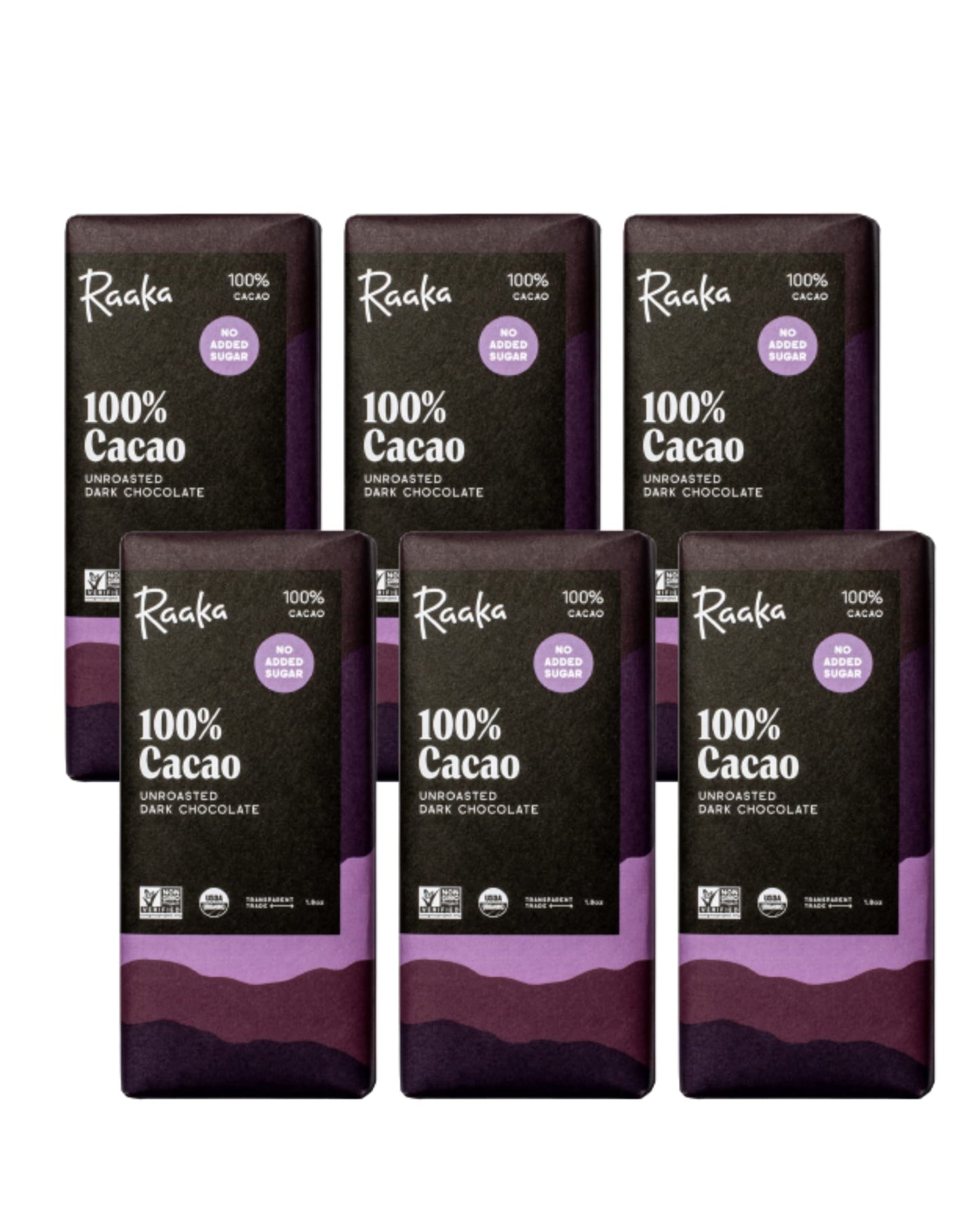 Raaka 100% Dark Chocolate Bars - Unsweetened Bitter Sugar Free Pure Cacao - Organic Vegan Soy Free Gluten Free Kosher Keto Nut Free - 1.8Oz 100% Chocolate Bars 6-Pack