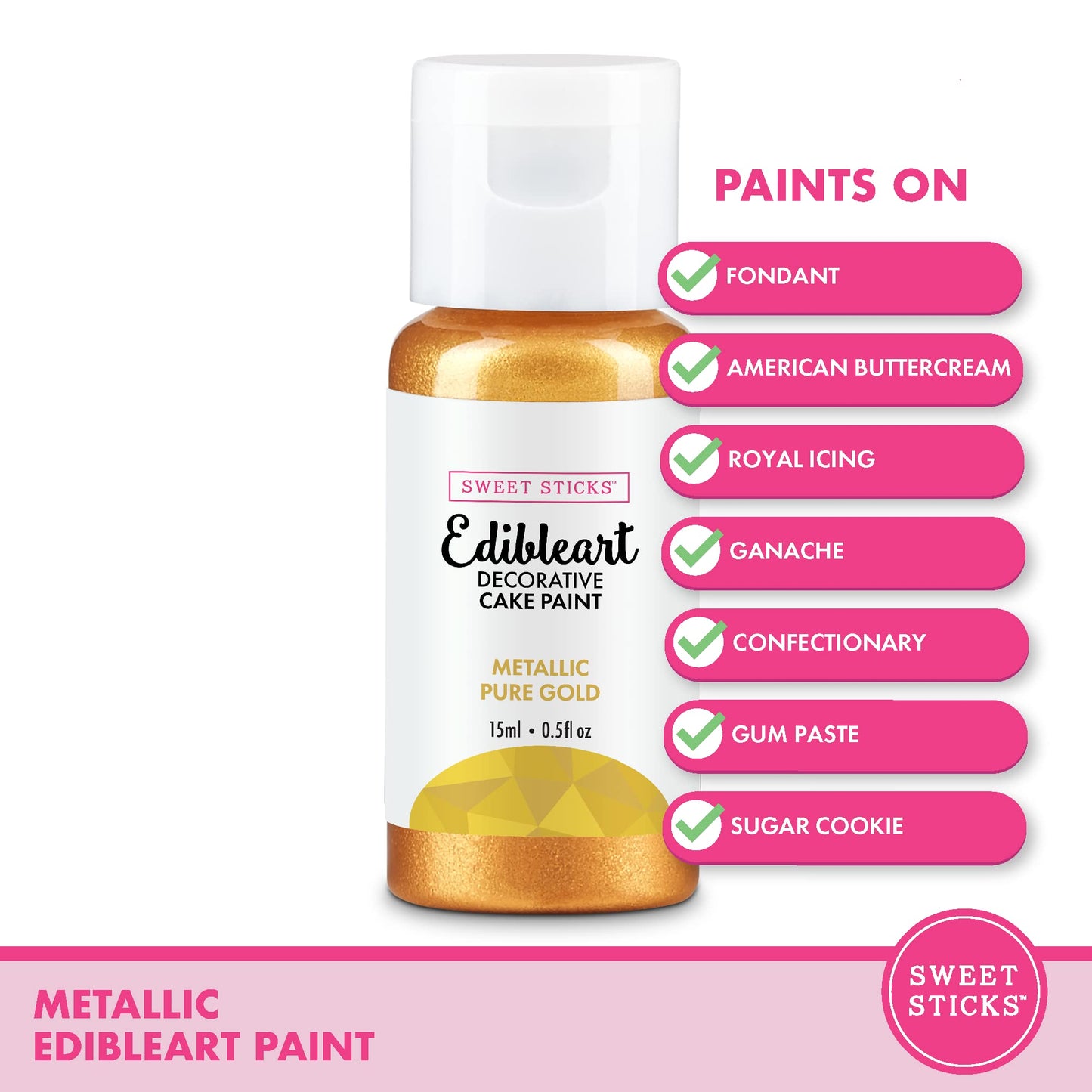 SWEET STICKS Edible Art Cake Paint Set of 6, Metallic Pure Gold, 0.5 Ounce (15 Milliliters)