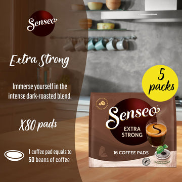 Senseo Coffee Pods Extra Strong Dark Roast, 80 Pods, 16-Count Pods (Pack Of 5) For Senseo Coffee Makers, Hot Coffee, Cold Brew Coffee, Espresso