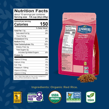 Lundberg Organic Red Jasmine Rice, Long Grain Red Rice - Non-Sticky, Fluffy Aromatic Rice, Organically Grown In California, Pant