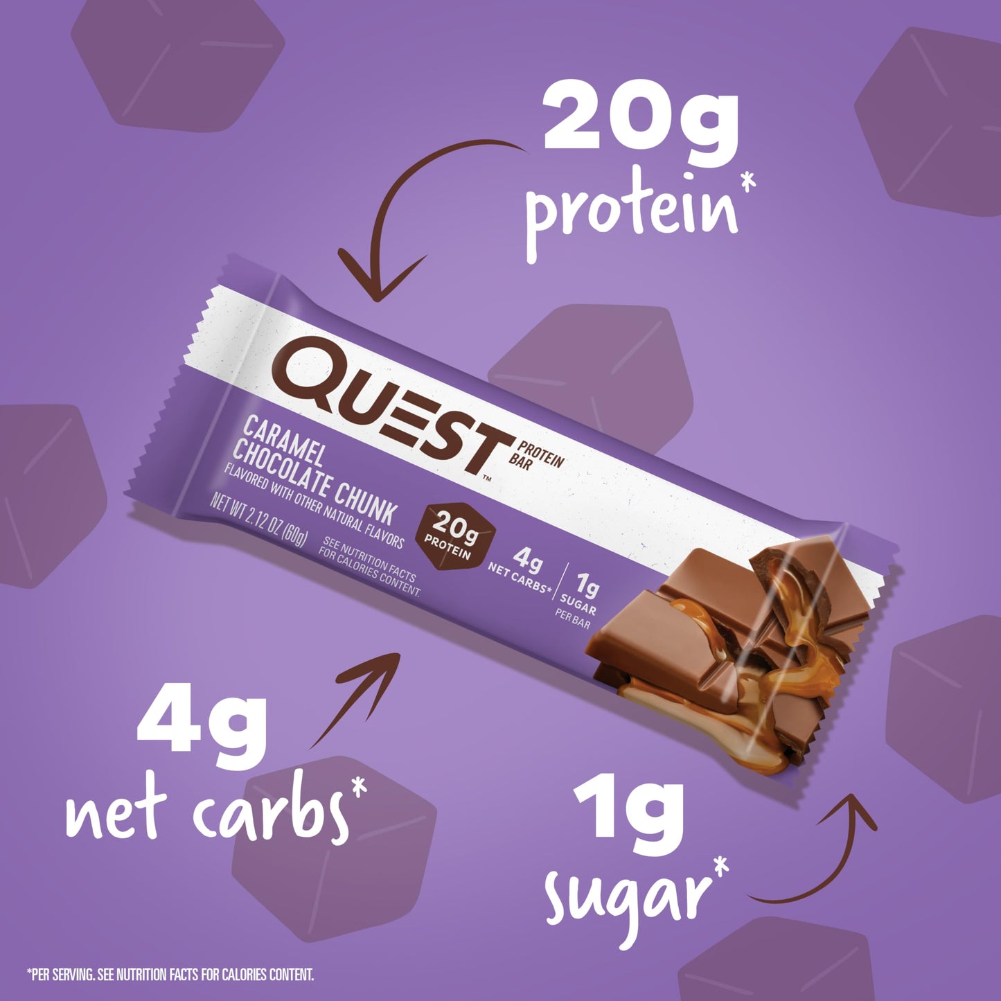 Quest Nutrition Caramel Chocolate Chunk Protein Bar, 20g Protein, 1g Sugar, 4g Net Carbs, Gluten Free, Keto Friendly, 12 Count