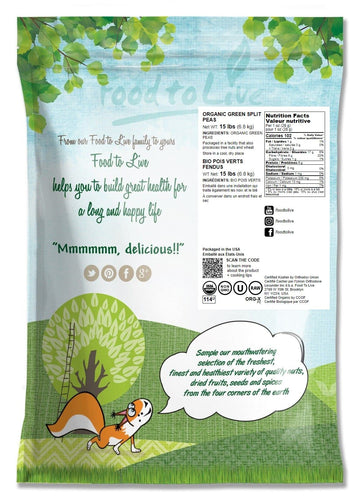 Food to Live Organic Green Split Peas, Non-GMO, Vegan, 15 Pounds, Bulk, Great Source of Protein and Fiber, Product of Canada