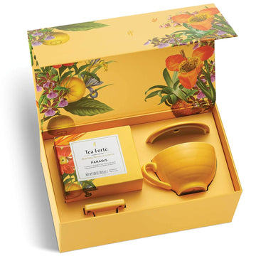 Tea Forte Paradis 3-Piece Premium Tea Gift Set With Mango Yellow Cafe Cup With Lid, Tea Tray And 10 Assorted 2 Of Each Variety O