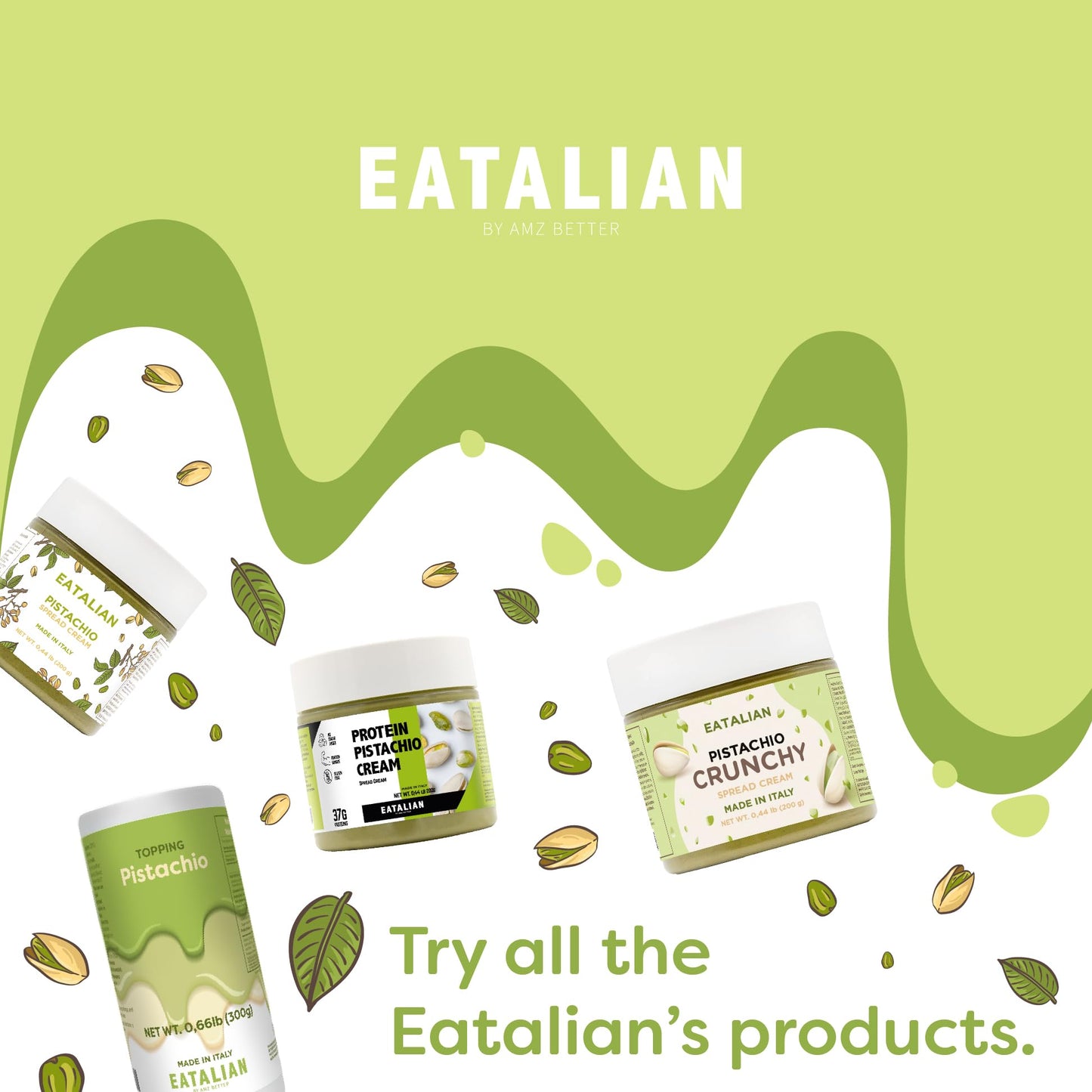 Eatalian By Amz Better Pistachio Flavoured Topping, Sweet Protein Cream In 10 Oz/300G Squeezer, Made In Italy, Pistachio Sauce I