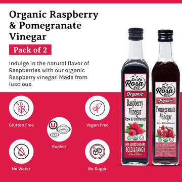 De La Rosa Organic Raspberry & Pomegranate Vinegar, Raw & Unfiltered, Vegan, Gluten Free & Kosher, Great For Organic Salad Dress