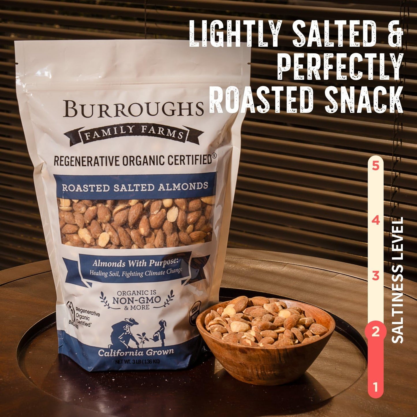 Burroughs Family Farms 3 Lb Roasted Salted Almonds - Usda Organic, First Regenerative Organic Certified Almond Farm - 2X The Ant