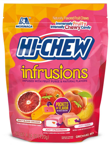 Hi-Chew Infrusions, 7 Mini Stand Up Pouches, 4.24Oz Each | Juicy Blood Orange Stawberry Peach | Unique Fun Soft & Chewy Taffy Candy | Immensely Juicy Fruit Flavors | Individually Wrapped For Sharing