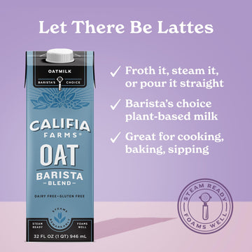 Califia Farms - Oat Barista Blend Oat Milk, 32 Oz (Pack of 6), Shelf Stable, Dairy Free, Plant Based, Vegan, Gluten Free, Non GM