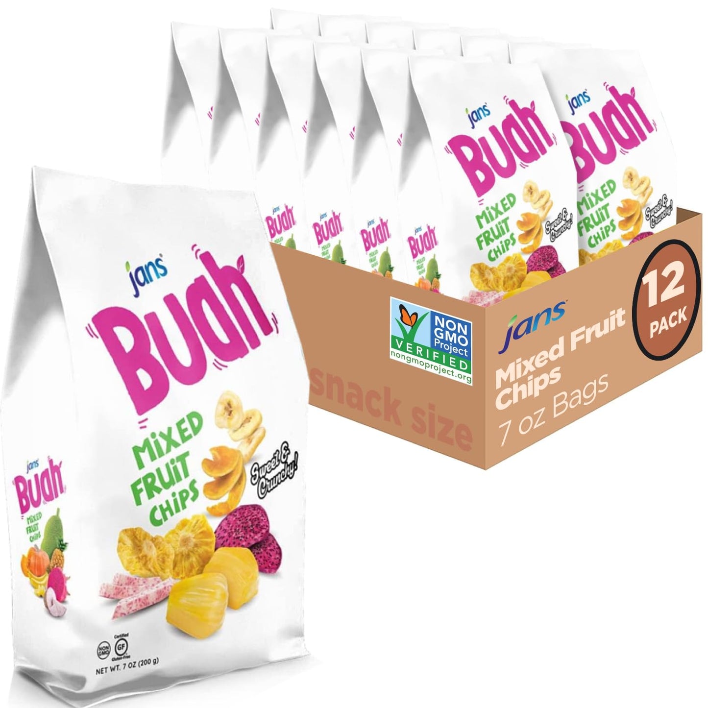 Jans Buah Mixed Fruit Chips (Pack Of 12) - Experience Real Dried Fruit Gluten-Free Sweet & Crunchy Ready-To-Eat Perfect For Anytime Snacking