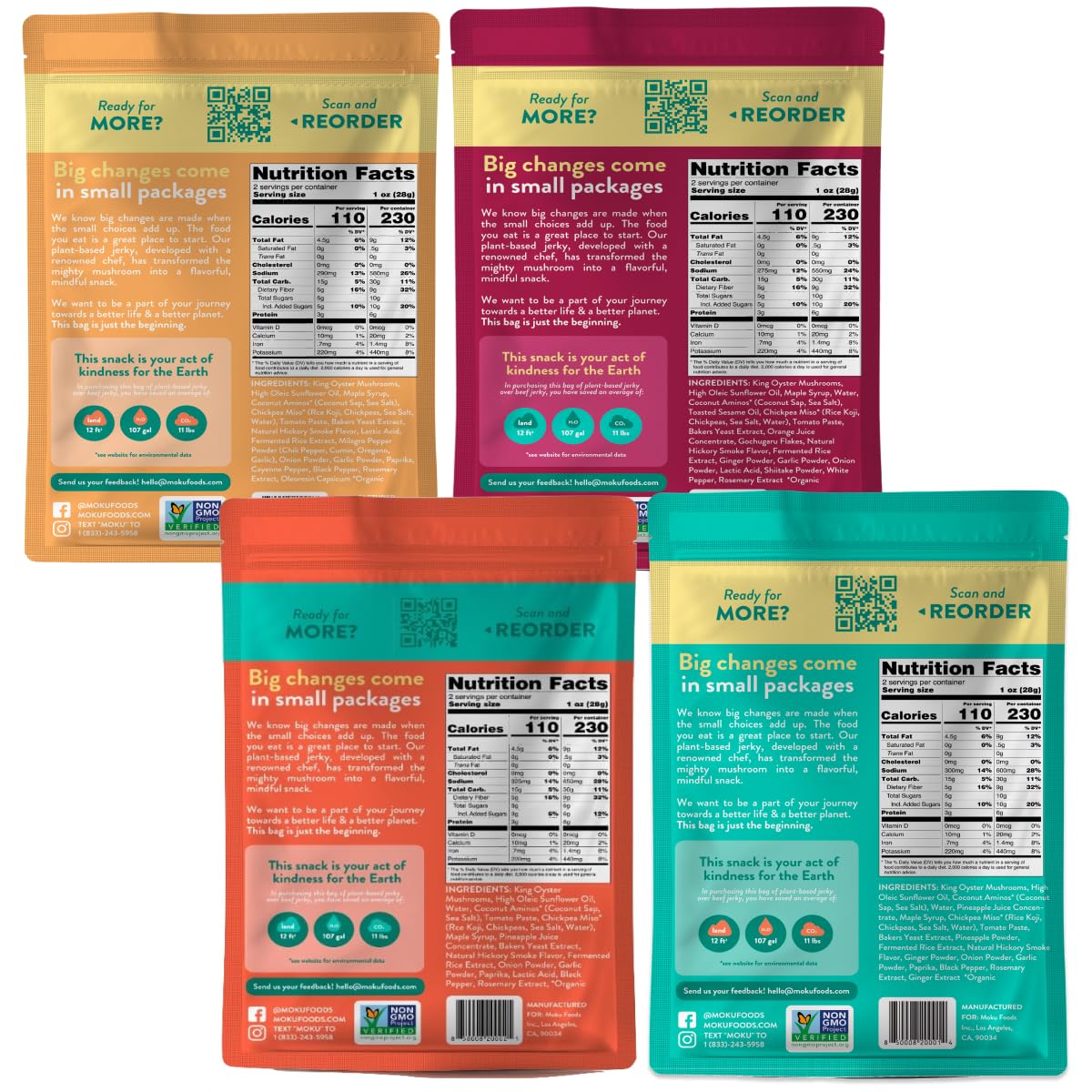 Moku Plant-Based Mushroom Jerky, Hawaiian Teriyaki, Sweet and Spicy, Original (4 Pack) Vegan Jerky, Gluten Free, Soy-Free, Non-G