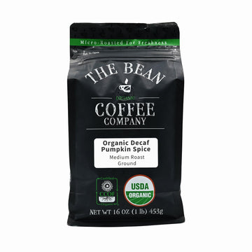 The Bean Organic Coffee Company Water Processed Decaf Pumpkin Spice, Medium Roast, Ground Coffee, 16-Ounce Bag, Café Molido Tostado Orgánico Descafeinado