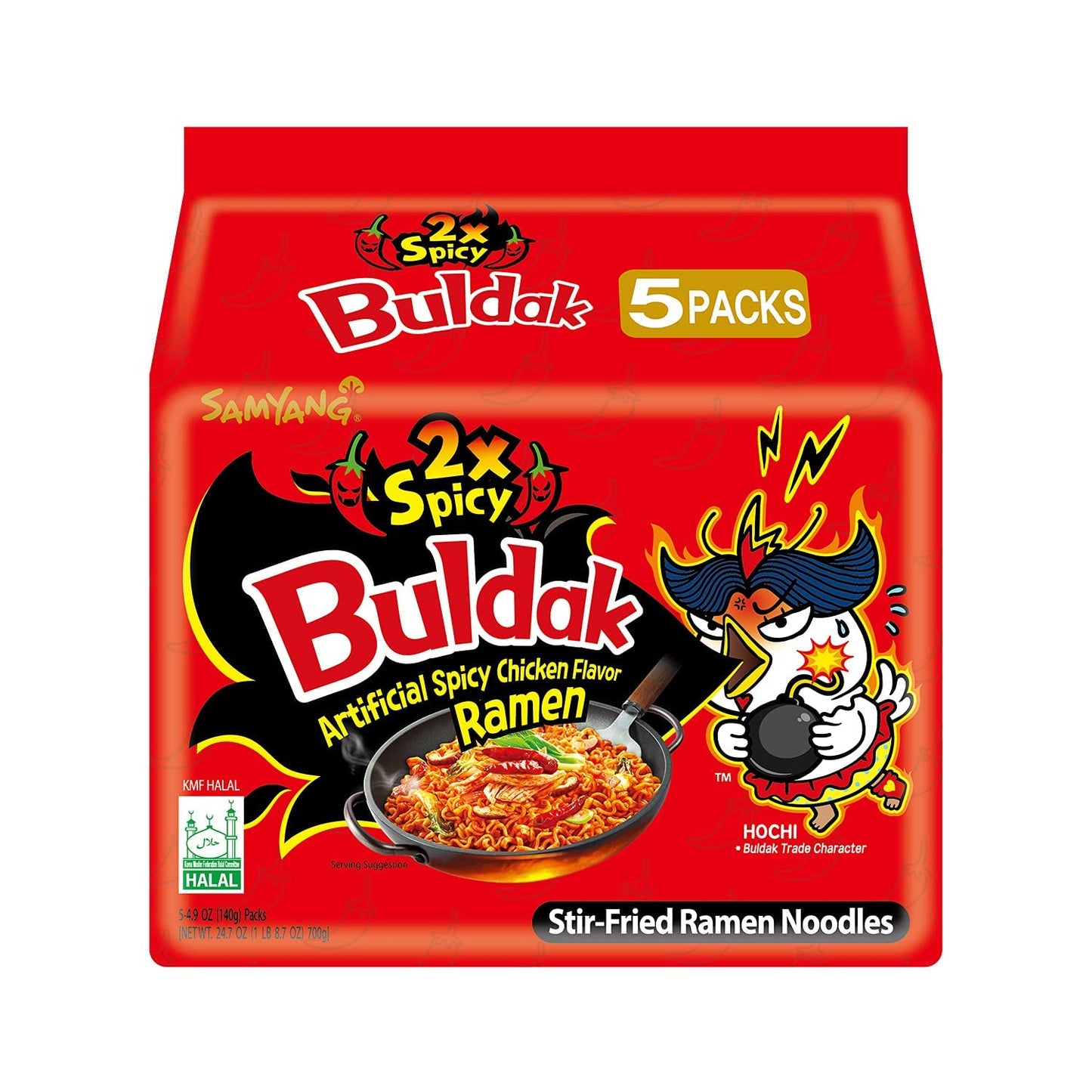 Samyang Buldak Hot Chicken Ramen, Korean Stir-Fried Instant Noodle, 2X Spicy, 4.94 Oz(140G), Pack Of 5