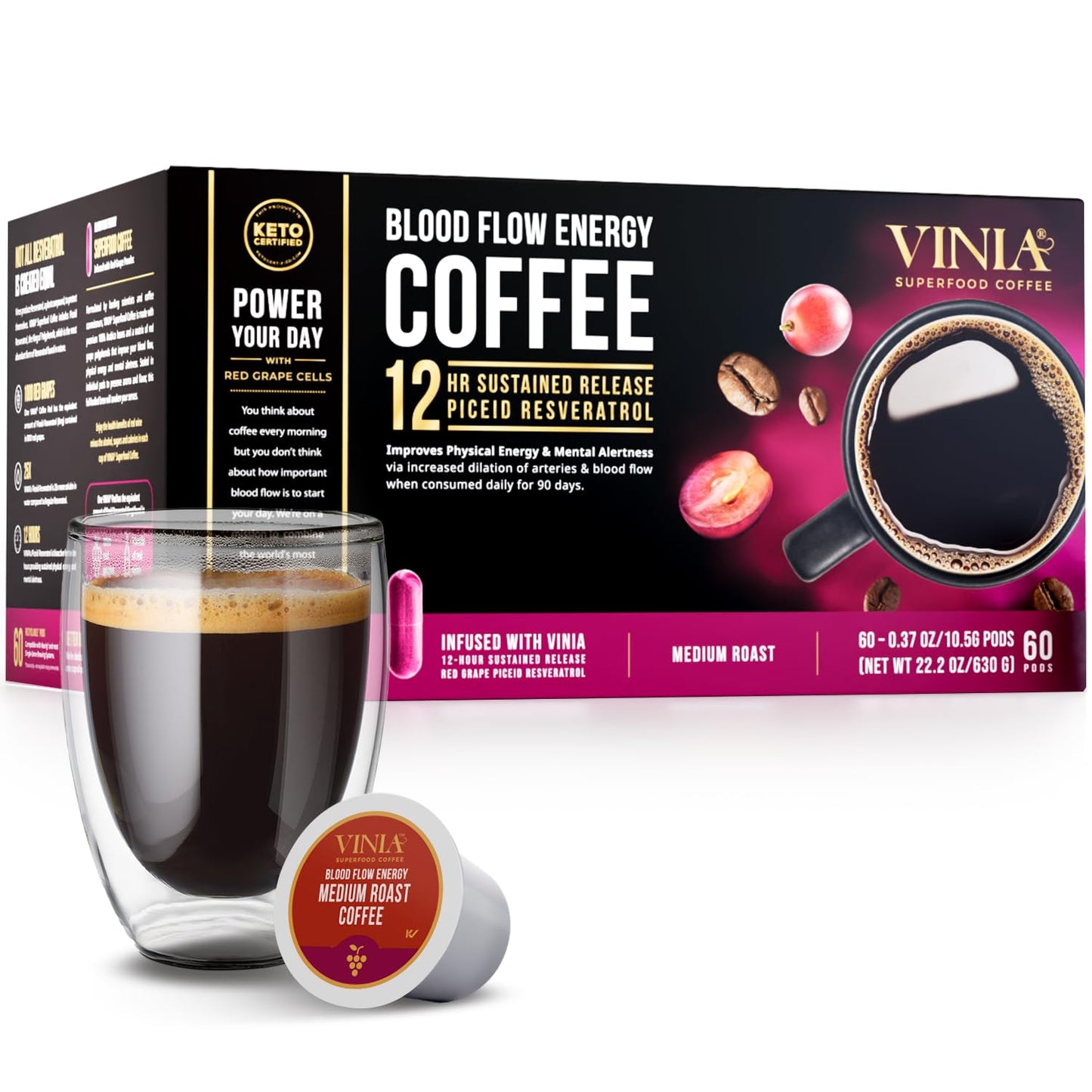 Vinia Blood Flow Energy Coffee Pods - Medium Roast Infused With Red Grape Piceid Resveratrol For Physical Energy & Mental Alertness K Cup Compatible Superfood Coffee Full-Bodied 60 Count.