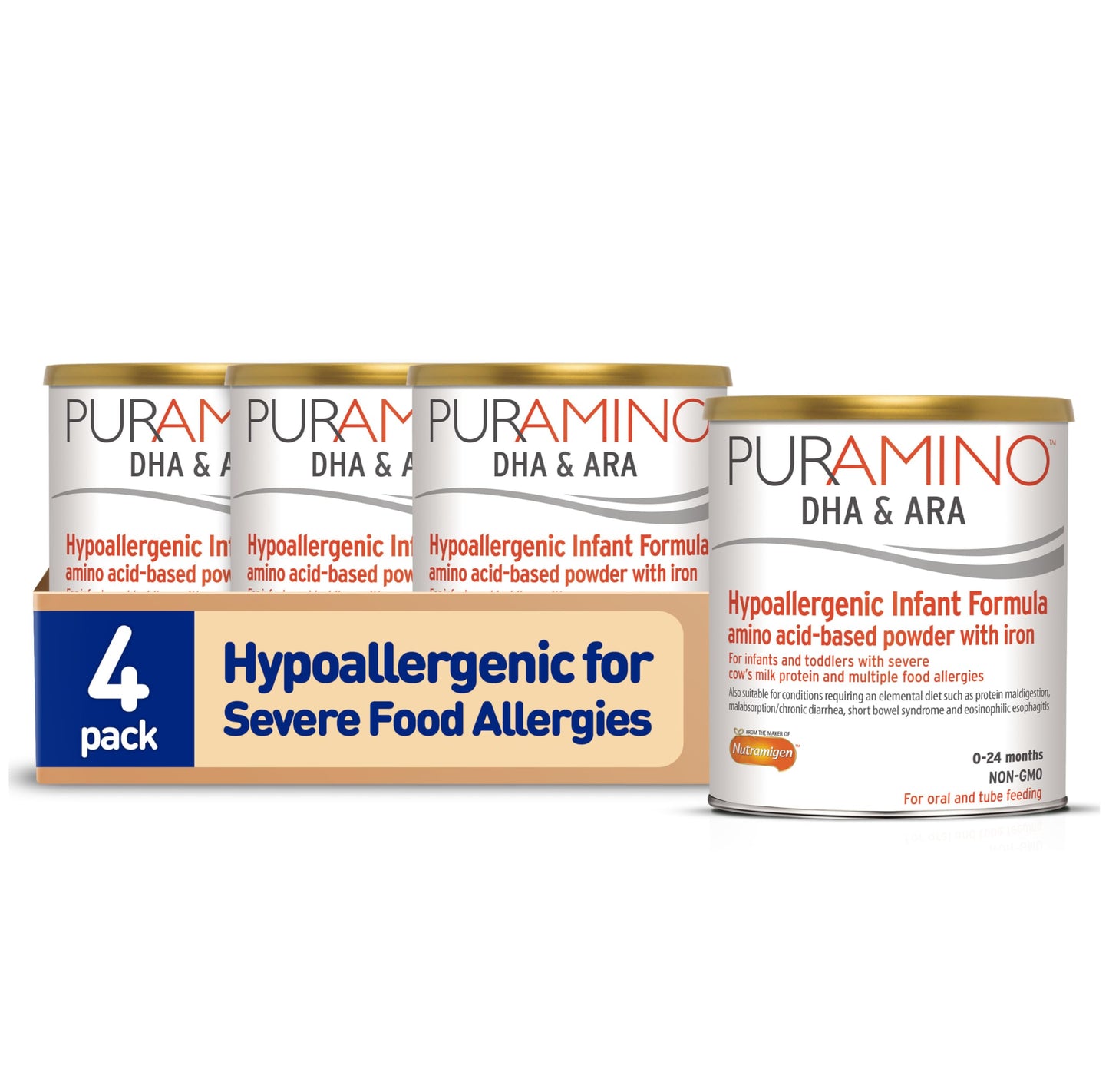PurAmino Hypoallergenic Infant Drink, for Severe Food Allergies, Omega-3 DHA, Iron, Immune Support, Powder Can, 14.1 Oz (4 Count