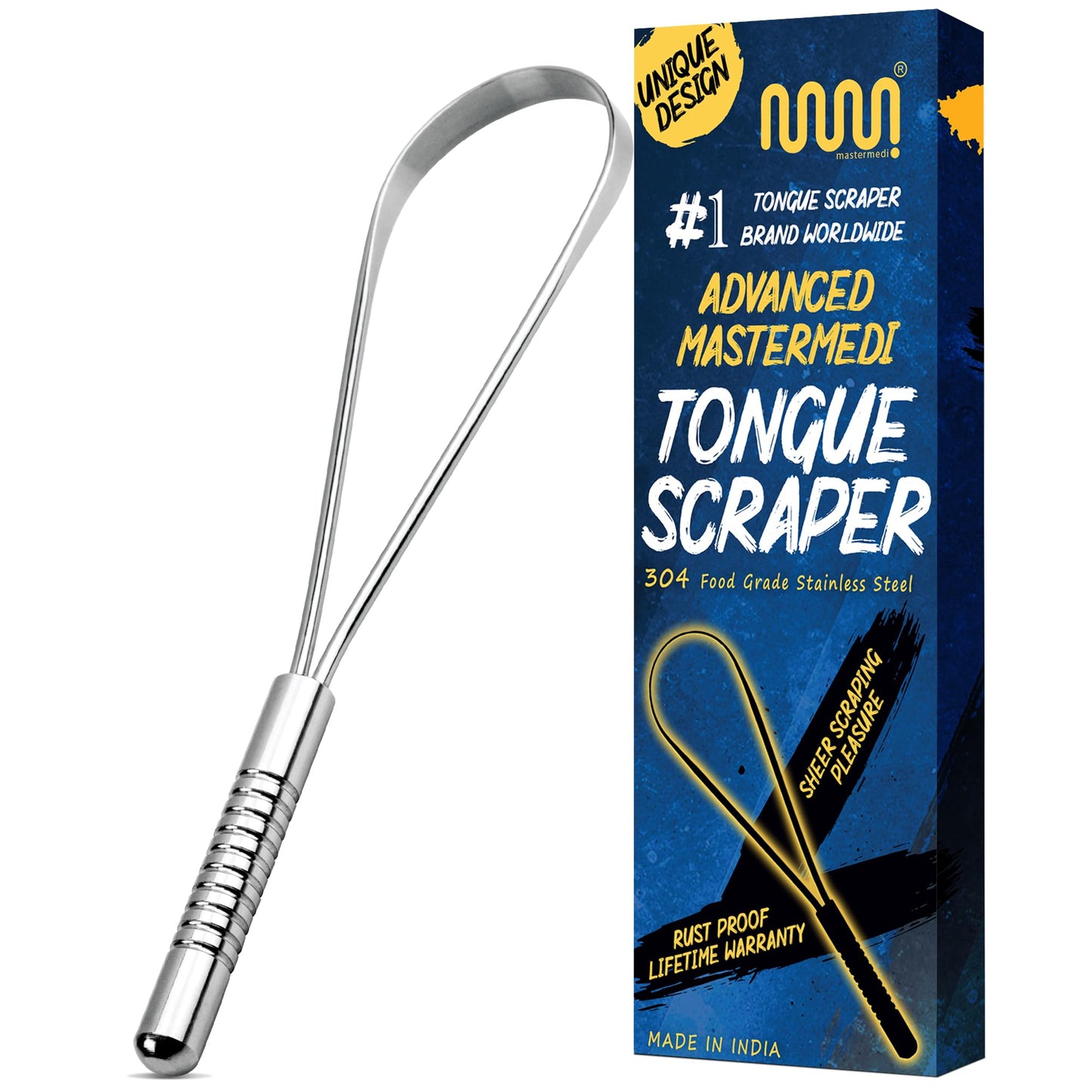 Mastermedi Tongue Scraper, Bad Breath Treatment For Adults & Kids, Medical Grade 100% Stainless Steel Tongue Scrapers For Oral C