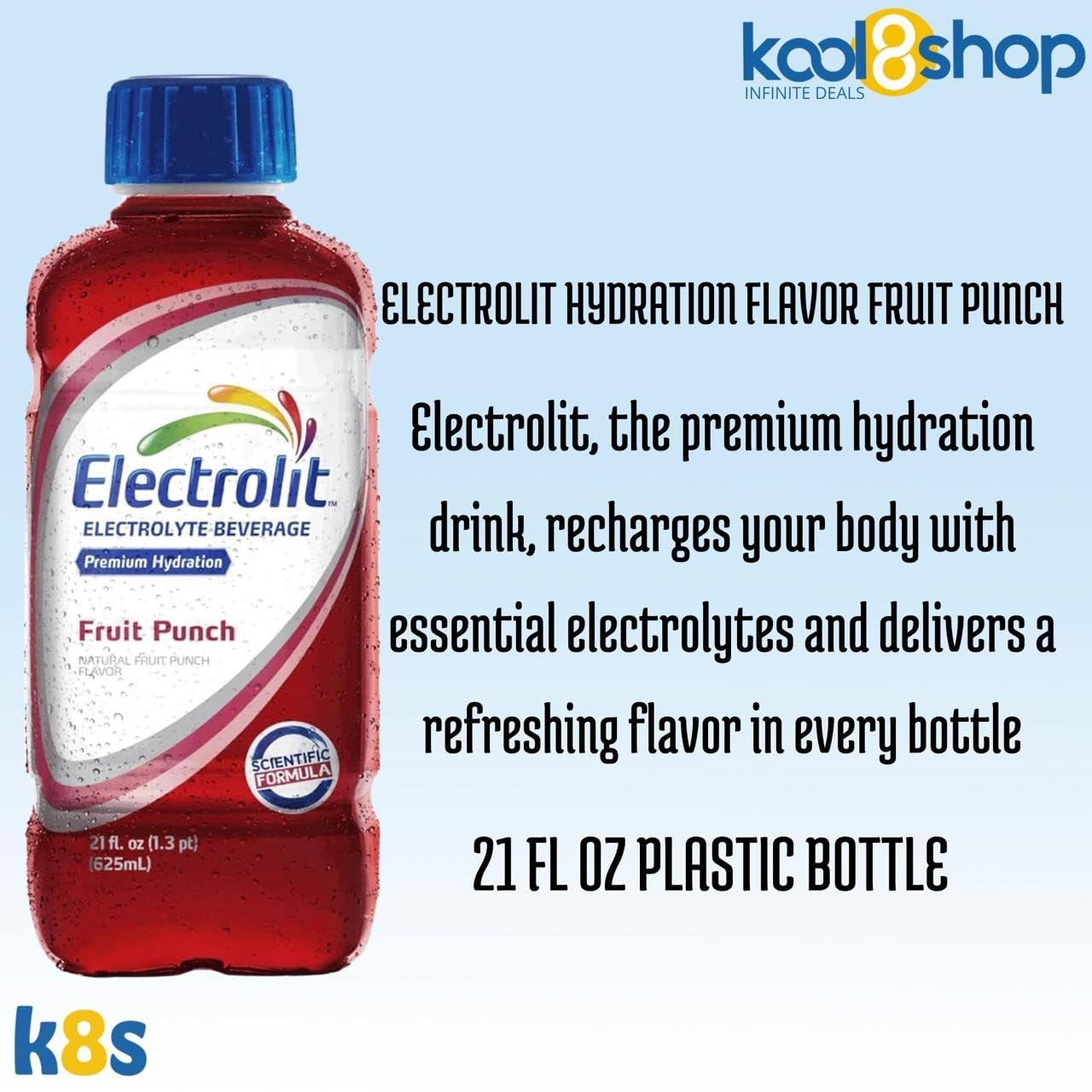 Electrolit Fruit Punch Hydration Drink With Electrolytes 21 Fl Oz Plastic Bottles 9 Pack + 1 Microfiber Cooling Towel By Kool8Sh