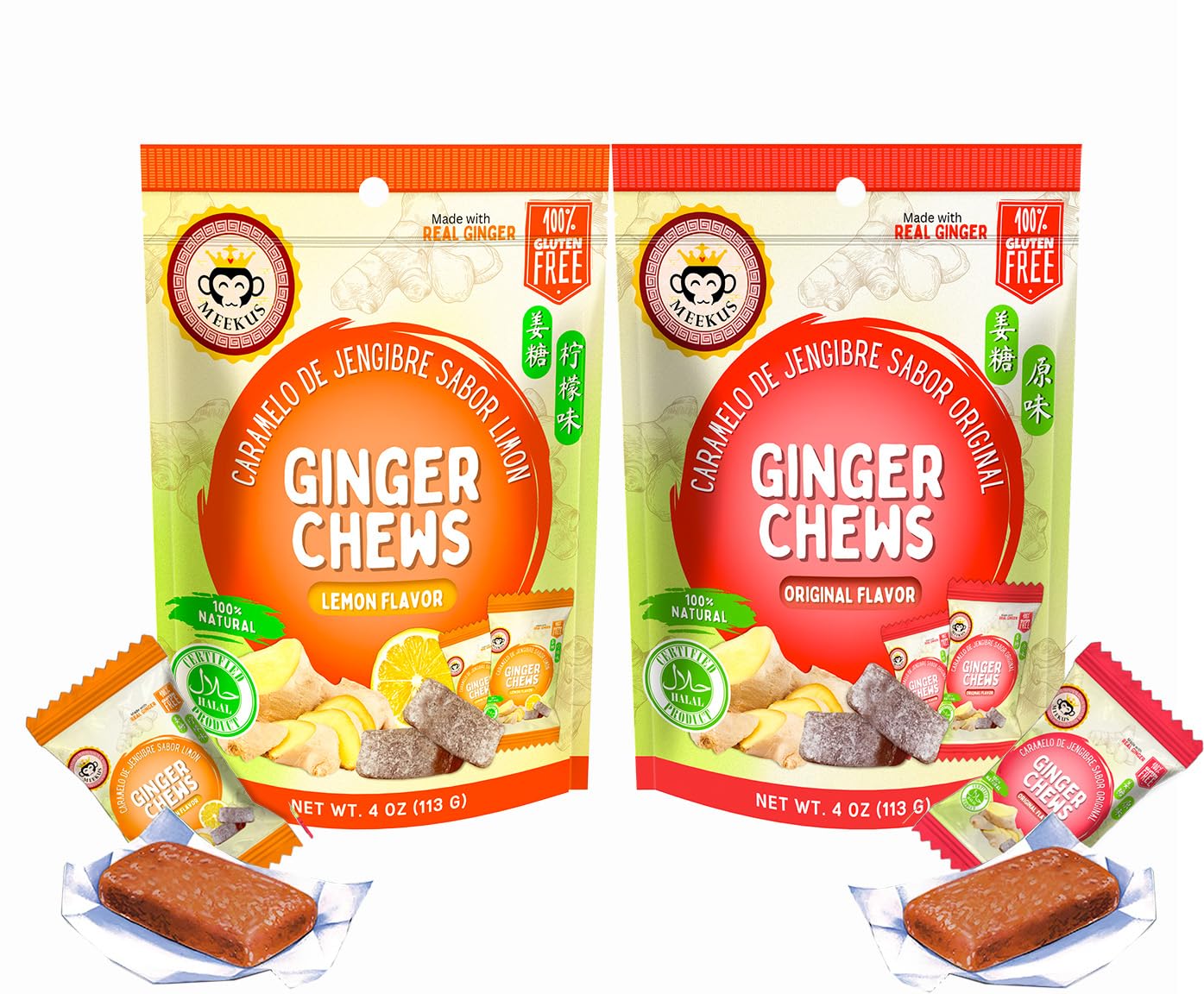 Meekus Ginger Chews - Natural Ginger Candy Chews For A Delightful Taste Sensation, Real Natural Ginger, No Artificial Flavors -