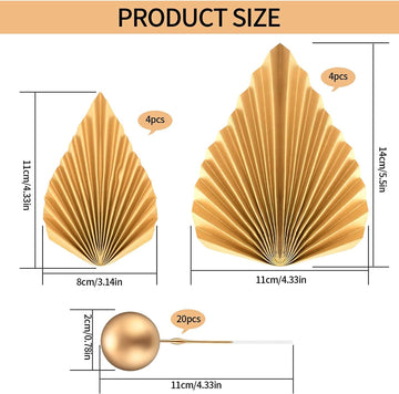 20 Pcs Gold Balls Cake Toppers, 8 Pcs Gold Palm Leaves Cake Decorations, Foam Balls Paper Palm Leaf Cake Toppers Insert Decorati